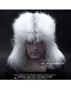 Arctic Marble Fox Fur Trapper Hat for Men - Front View Showing Marble Pattern Fur