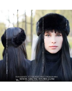 Black mink fur headband with silver chains