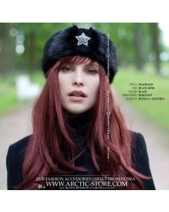 Black mink fur headband with silver star and crystal accents