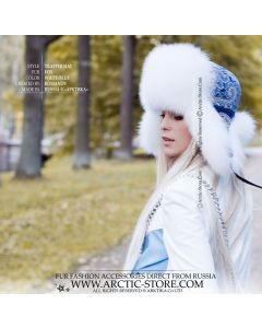 Handmade winter trapper hat with Pavlovo Posad floral wool and fox fur