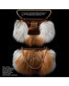 Gold fox fur clutch by Romanov with short golden chain and natural red-white fur pattern