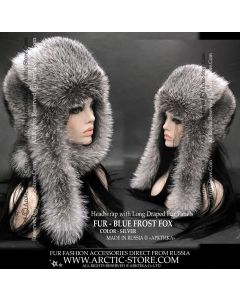 Women's luxury fur headwrap made of real blue frost fox with long draped panels – front and side view of Arctic-style designer winter accessory.