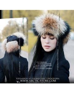 Structured natural and black raccoon fur headband for winter