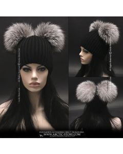 Black beanie with silver fox fur pom poms – Kylie Jenner inspired winter look