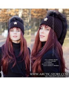 mohawk beanie with brown oil fox fur tail and gold star brooch