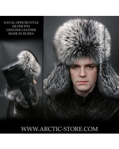 Men’s silver fox fur hat in Russian naval officer style with genuine leather top