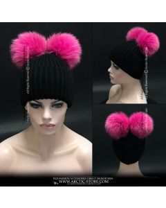 Bright sky blue fox fur bobble beanie with folded acrylic brim in black