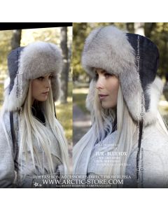 white fox ushanka for women with graphite denim top
