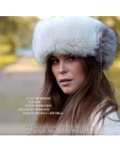 Polar & Grey Fox Fur Headband on woman - front view, white polar fox base with grey fox side accents, sculptural winter accessory