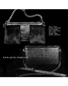 Black mink clutch with silver suede panel and centered ROMANOV badge