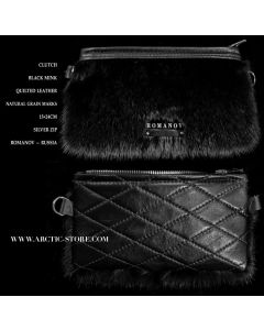 Black mink fur clutch with ROMANOV badge on front and quilted leather back