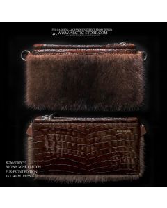brown mink evening clutch with lacquered reptile leather back and mini badge