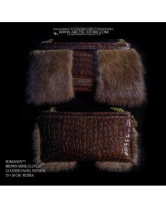 Romanov brown mink fur clutch with leather panel and gold hardware