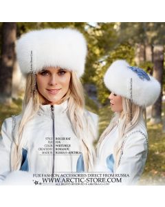 Handmade winter trapper hat with Pavlovo Posad floral wool and fox fur