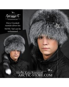 Men's authentic Davy Crockett-style fur hat handcrafted from a single Russian Silver Fox pelt with detachable natural tail.