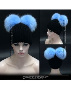 Bright sky blue fox fur bobble beanie with folded acrylic brim in black