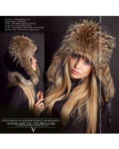 WOMEN’S TRAPPER HAT · RUSSIAN RACCOON FUR · LEATHER