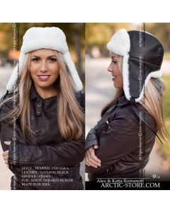 WOMEN’S TRAPPER HAT · SHEARED WHITE BEAVER · LEATHER