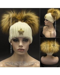 women beanie with two big golden cross fox fur pompoms