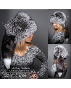 Elegant women's silver fox fur hat with natural tail accent