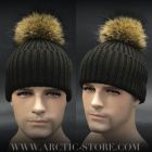men’s brown beanie with racoon fur pom and cold knit