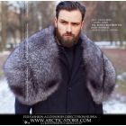 Men's luxury fur pelerine crafted from Silver Grey Fox, styled over a winter overcoat as an elegant accessory.
