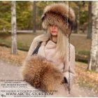 Russian fur hat and hand muff set in natural raccoon (tanuki) fur, featuring quilted interior and optional sheared beaver lining — coordinated luxury winter accessories.