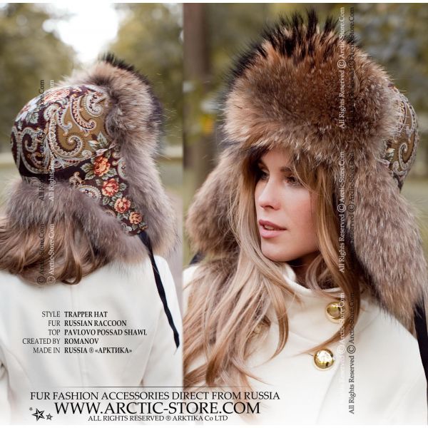 Trapper hat, Russian Raccoon, Pavlovo Possad shawl