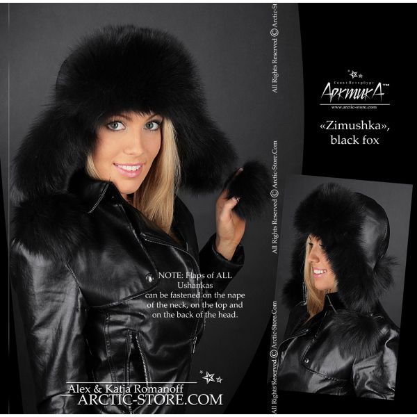 Womens Black Fox Fur Trapper Hat with Pom Poms
