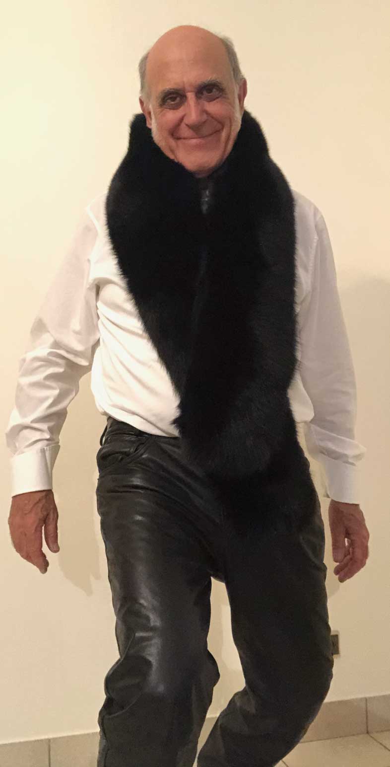 elderly man in dancing pose wearing 160 cm black fox fur stole