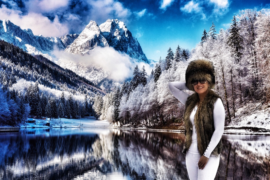 woman wearing Zhivago-style boyaryshnia hat with raccoon fur in the Alps