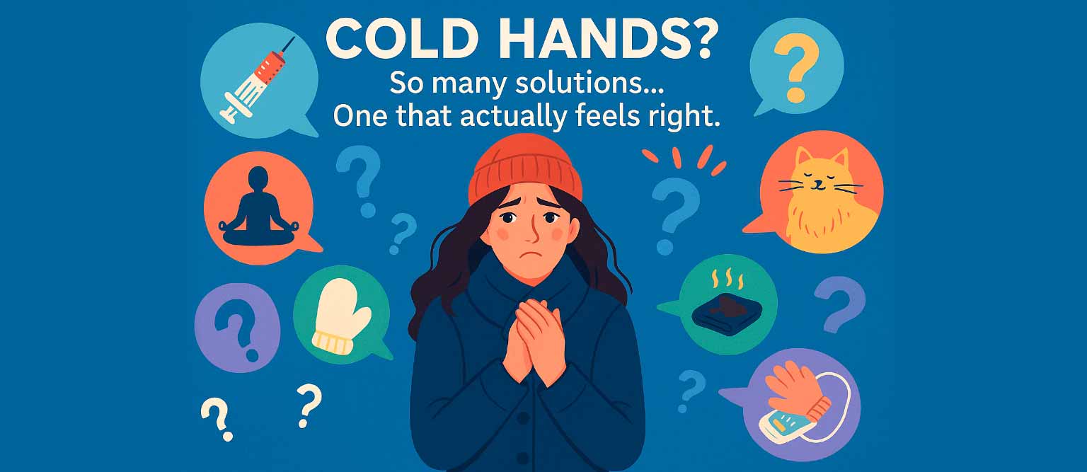 Confused woman with cold hands surrounded by common remedies like gloves, electric warmers, cat, yoga, and medication